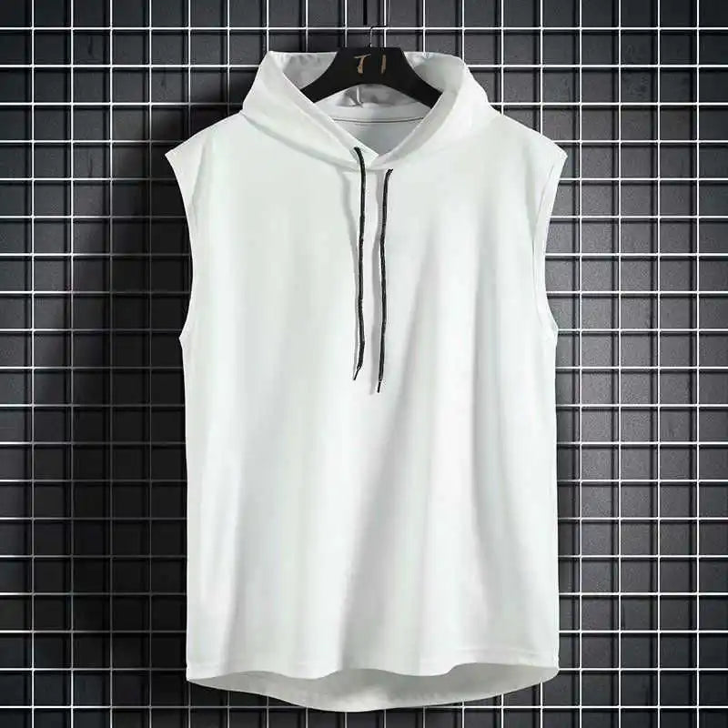 Men Tie Collar Hooded Sleeveless Vests Male Summer Loose Solid Hip Hop Tee Shirt Tops AYH-01