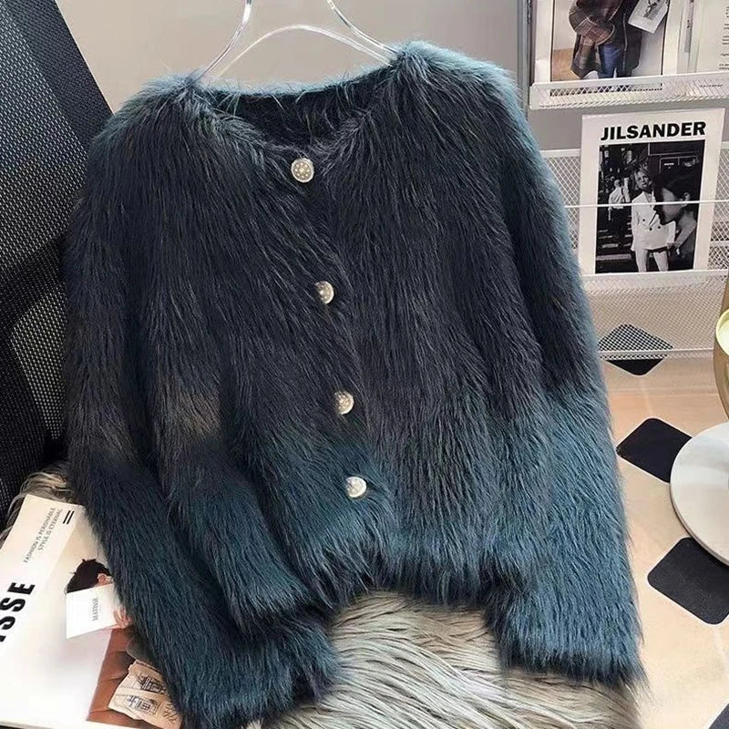 Autumn Warm Women Crop Cardigan Korean Knitted Elegant Female Casual Sweaters Fashion Imitation Mink Cashmere Soft Ladies Coat