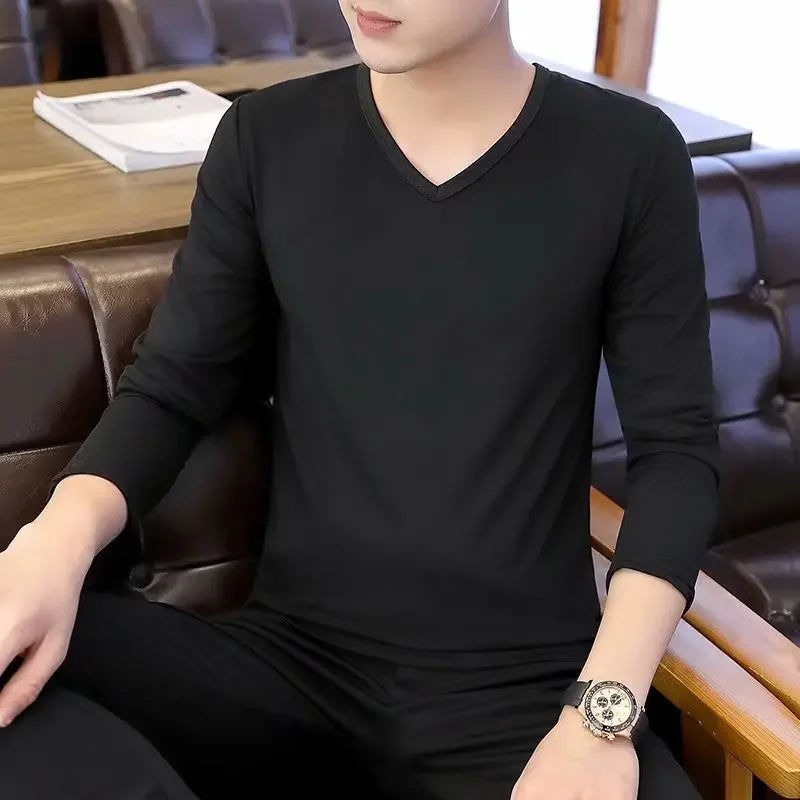 Men's Long Sleeve Black V-neck Base Layer T-shirt Solid Color Autumn Innerwear Thin Style Comfortable Men's Top