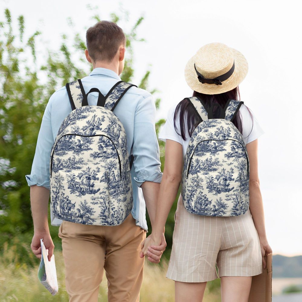 Personalized Navy Blue Toile De Jouy Canvas Backpacks Men Women Basic Bookbag for School College French Countryside Floral Bags