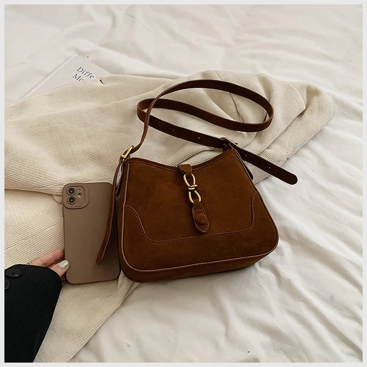 Winter Trendy Frosted PU Leather Shoulder Bag for Women Quiet Luxury Burgundy Bag Lady Solid Color Crossbody Bags Suede Purse