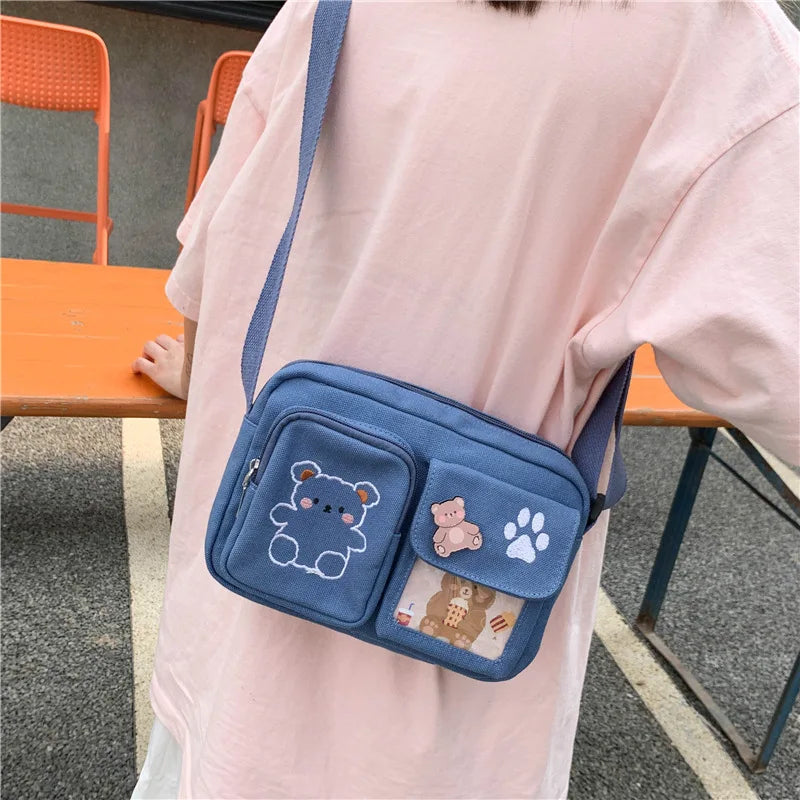 Canvas Small Bag Japanese ins Women Shoulder Bag Cute Funny Personality Embroidery Bear Girl Student Transparent Messenger Bag