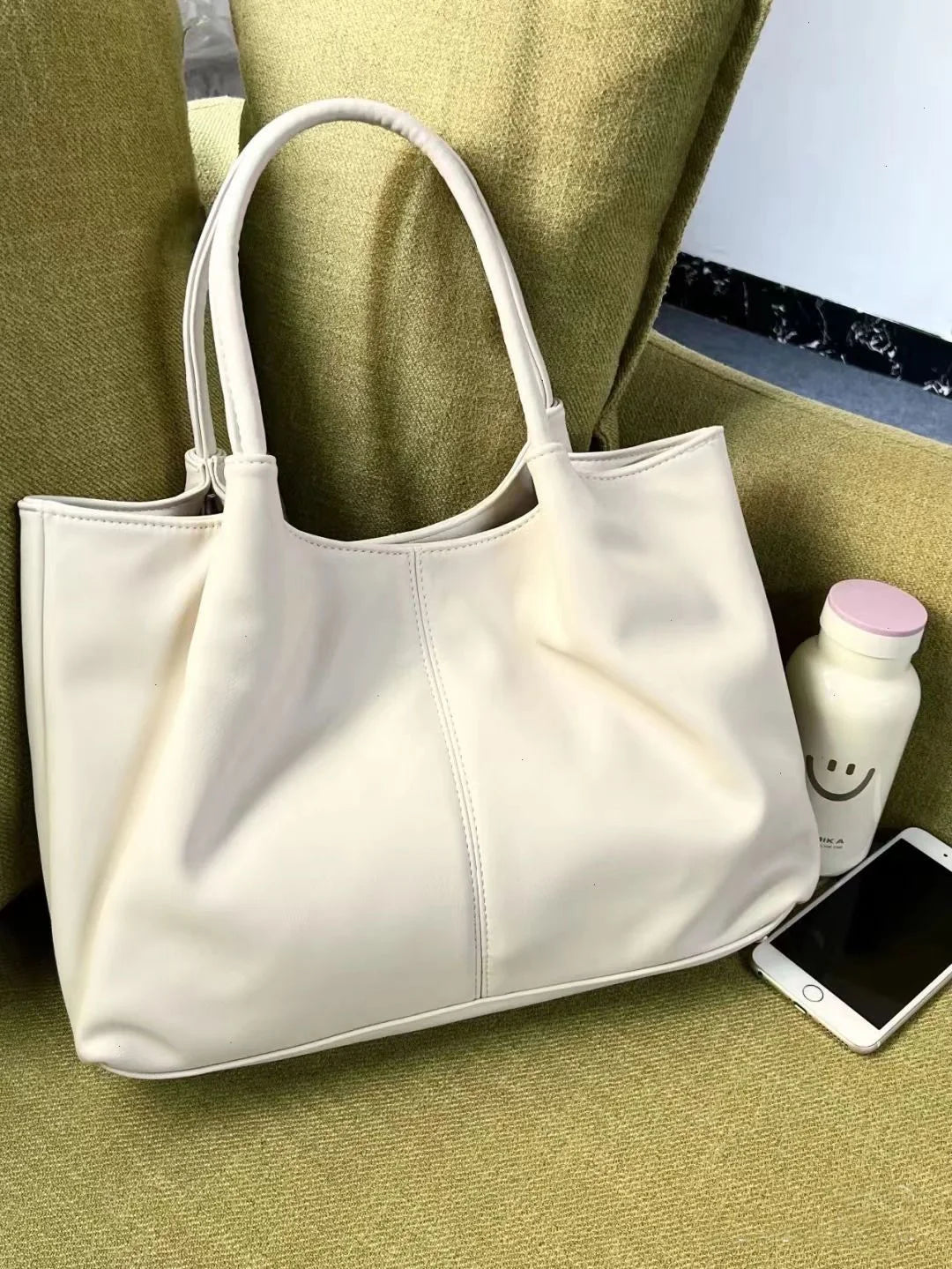 Simple White Shoulder Bag 2023 Women's PU Leather Soft Underarm Tote Bag School Large Capacity Bag Full Student Shopping Handbag