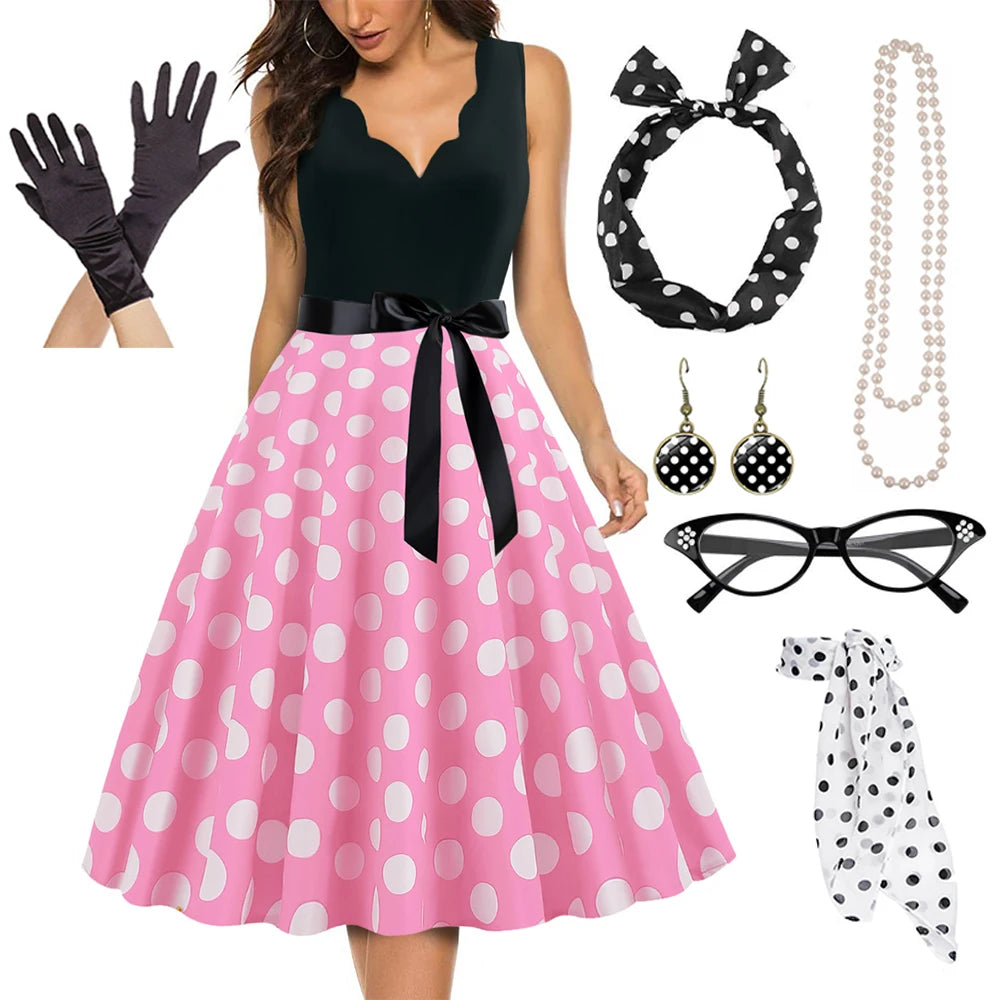 Women's A-Line Rockabilly Dress Polka Dots Swing Dress Flare Dress with Accessories Set 1950s 60s Retro Vintage