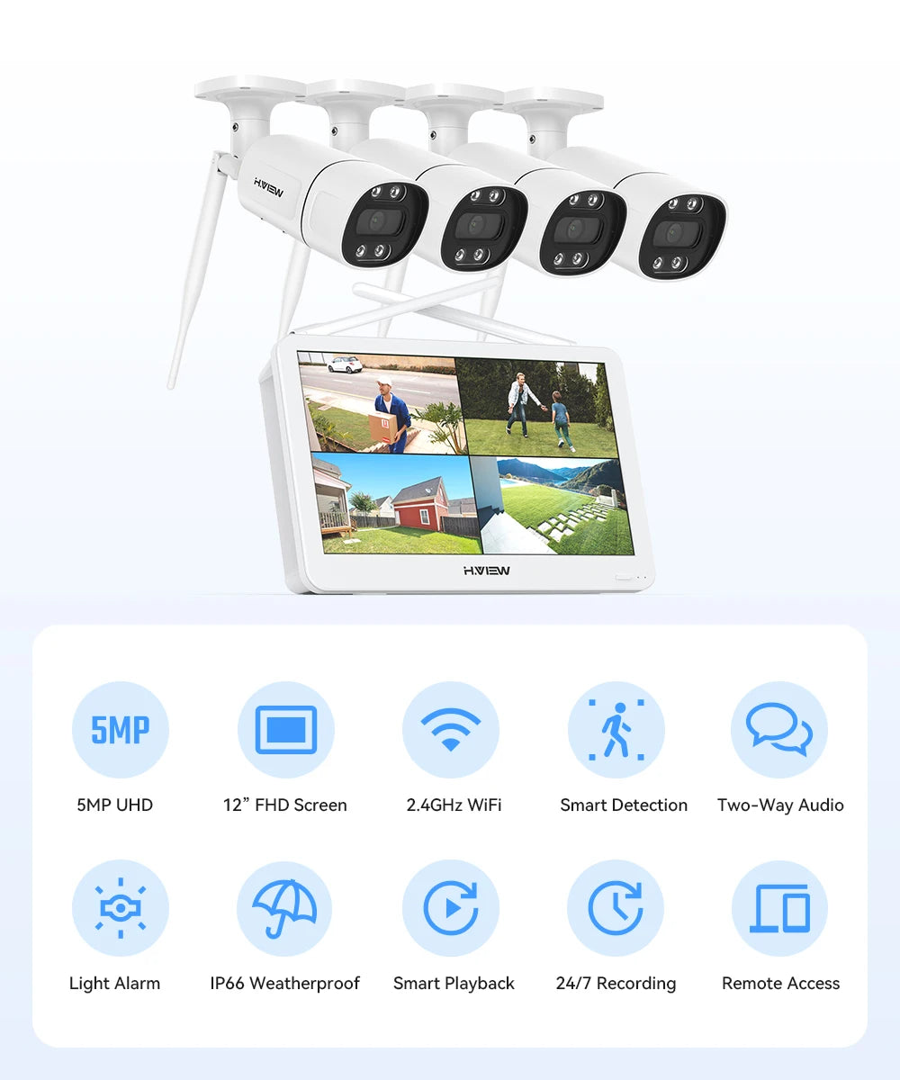 H.VIEW 3MP 5MP WiFi Security Camera Two-Way Audio System Kit Wireless CCTV System NVR with 12" LCD Monitor Outdoor