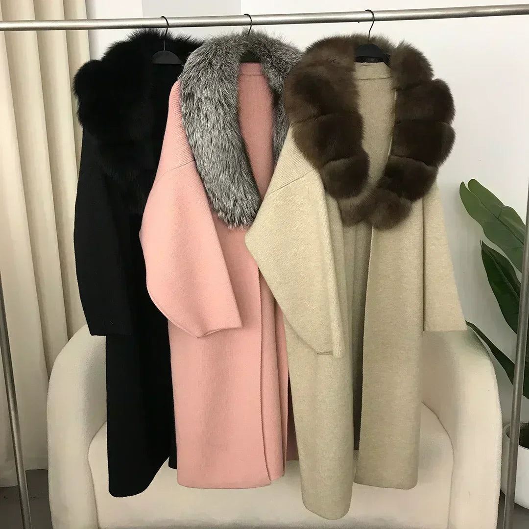 2024 Natural Fox Fur Collar Jacket Spring Autumn Real  Sweater Fur Coat Women Belt Long Loose Thick Warm Outerwear Knitting Coat