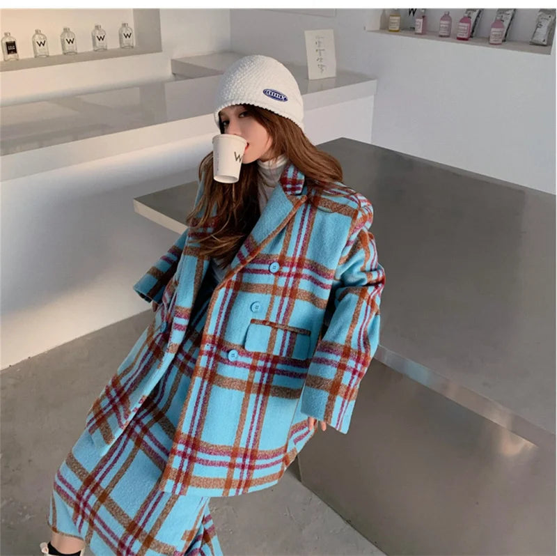 Checkered Suit Jacket for Women's Autumn/Winter 2024 Hong Kong Style Retro Small Fragrant Half Skirt Two-piece Set Trendy Trendy