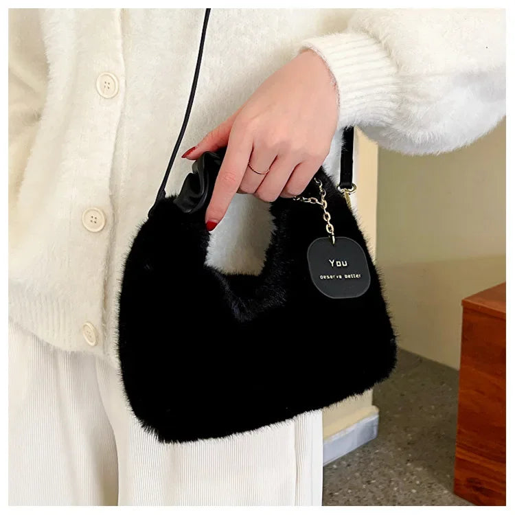 New Fashion Women Lady Shoulder Underarm Bag Solid Color Soft Plush Handbag Fluffy Totes Purse Autumn Winter Shopping Bag