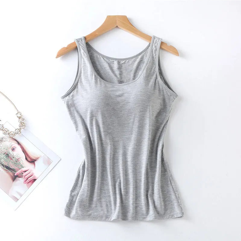 2024 Women's Vest Tops with Built In Bra Neck Vest Padded Slim Fit Tank Tops Sexy Shirts Feminino Casual