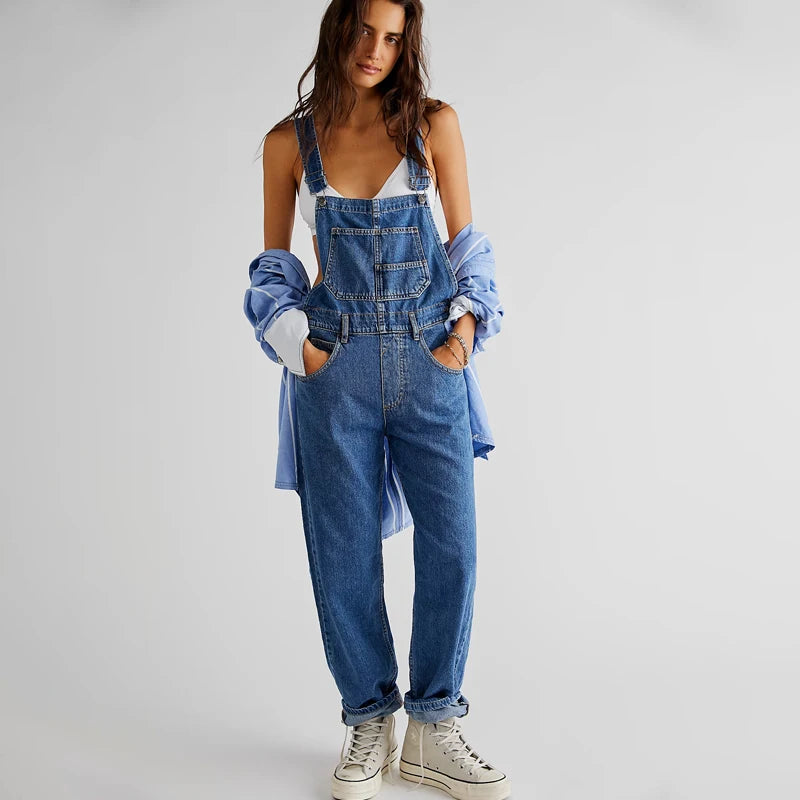 Salopette en jean délavé pour femme, style célébrité Internet, rajeunissante, pantalon ample à jambes larges jusqu'au sol, salopette en jean