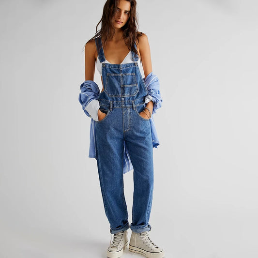 Washed Denim Overalls For Women, Internet Celebrity Style, Age-reducing, Loose Wide-leg Floor-length Trousers, Denim Overalls