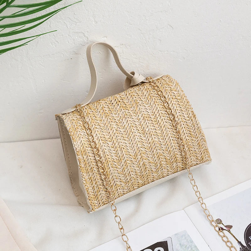 New Straw Woven Shoulder Crossbody Bag Beach Clutch Handbag Casual Summer Handmade Chain Bags for Women Totes Purse