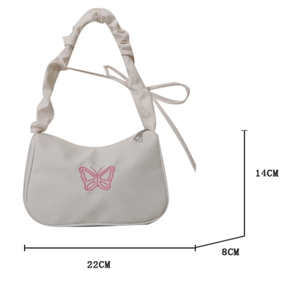 Embroidery Bowknot Butterfly Shoulder Bag Y2k-Style Ruffle Handle Nylon Bow Tote Bag Makeup Lipstick Bag Handbag New