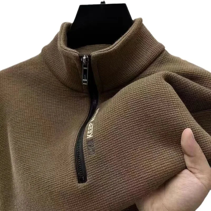 New Men's Fleece-lined Thickened Sweatshirt Half-zip Up Winter Warm Casual Long Sleeve Stand Collar Base Layer Top