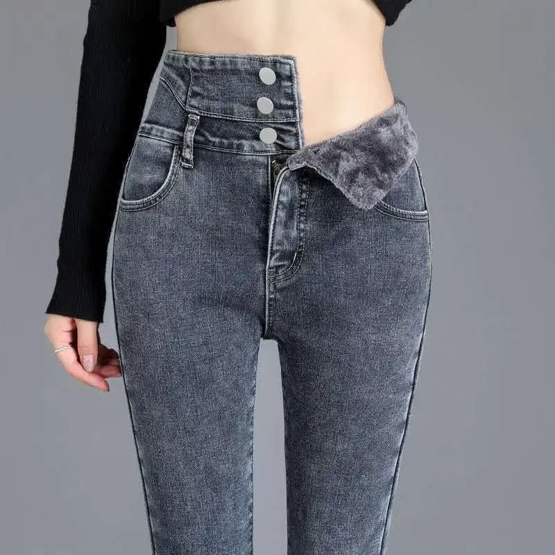 Jean skinny taille haute en velours épais pour femme, pantalon crayon décontracté en molleton simple et chaud, coupe slim, extensible, nouvelle collection hiver