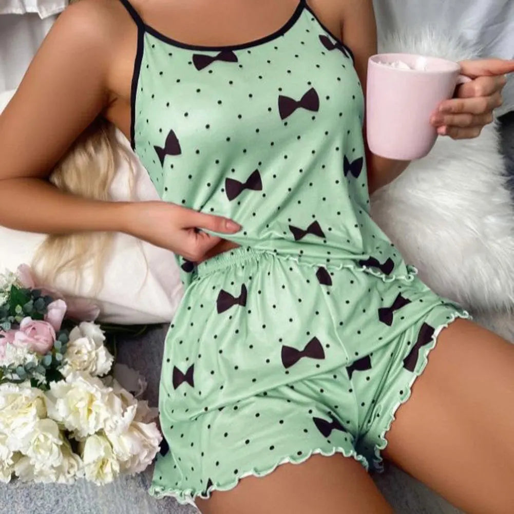 Women Satins Pajamas Set Cute Sexy Soft Cozy Thin Type Casual Printed Camisole Sleepwear With Shorts For Home Wear Daily Wear