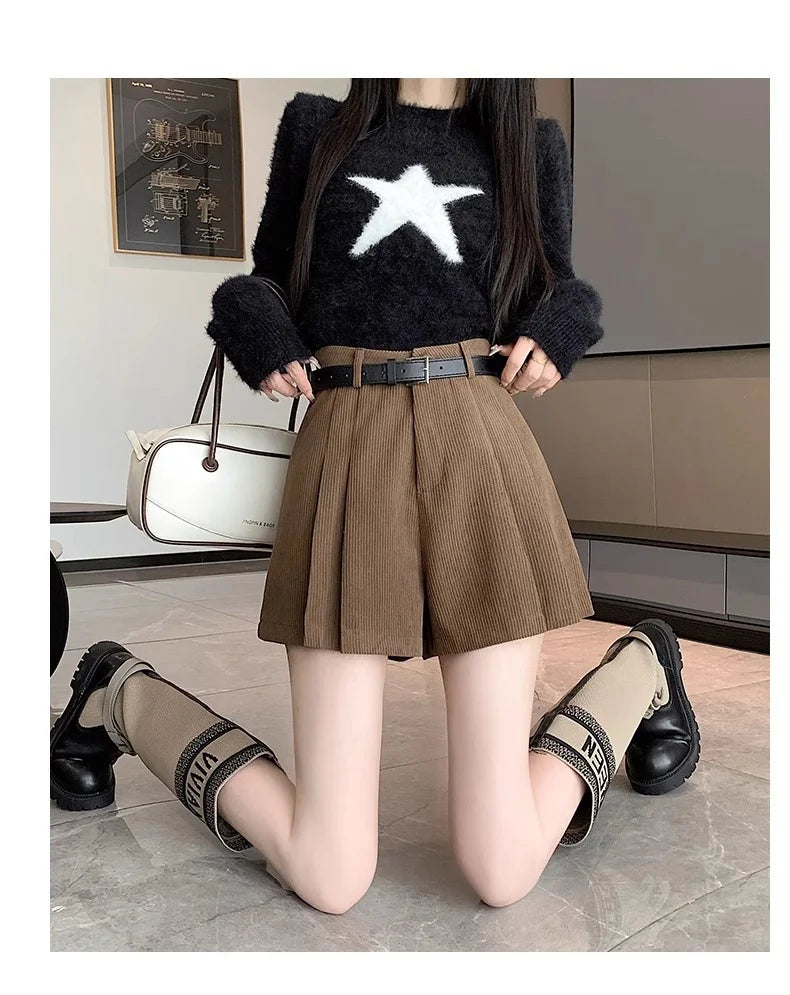 Corduroy Velvet Women Shorts Autumn Winter High Waist Slim Flared Trousers Fashionable Temperament A- crotch Boots