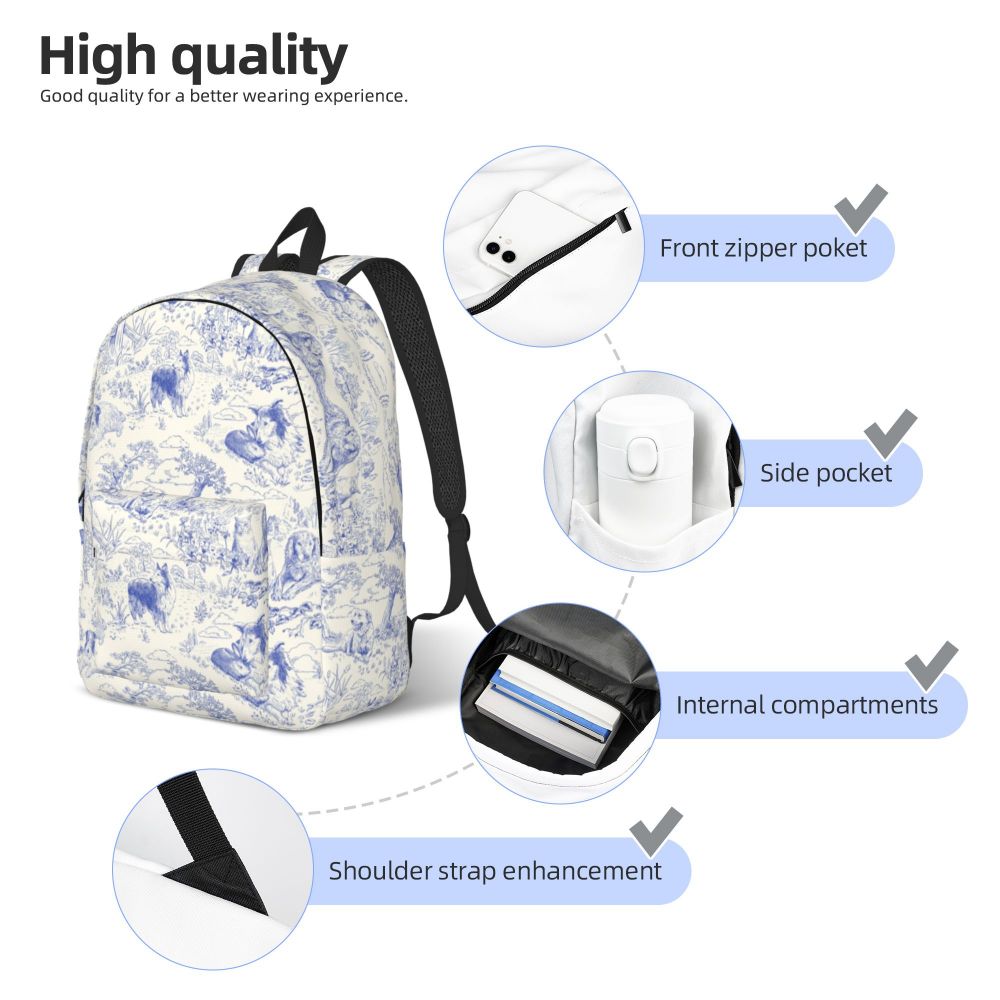 Personalized Navy Blue Toile De Jouy Canvas Backpacks Men Women Basic Bookbag for School College French Countryside Floral Bags