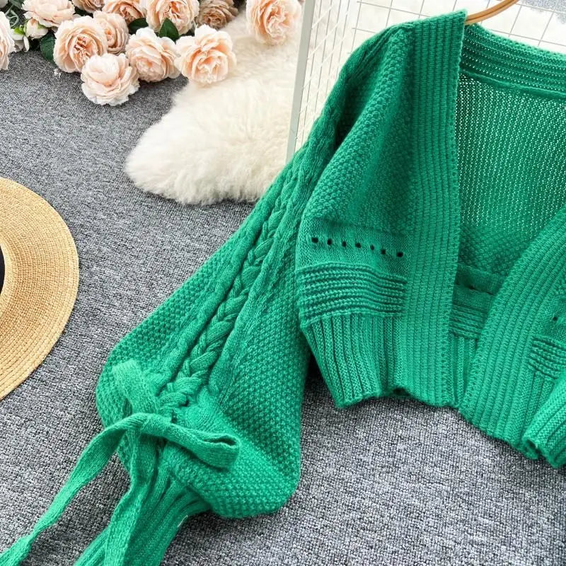 Green Casual Acrylic Knit V-Neck Lantern Long Sleeve Lace Up Women's Cardigan Sweater Short Cardigan For Women Clothing 2024