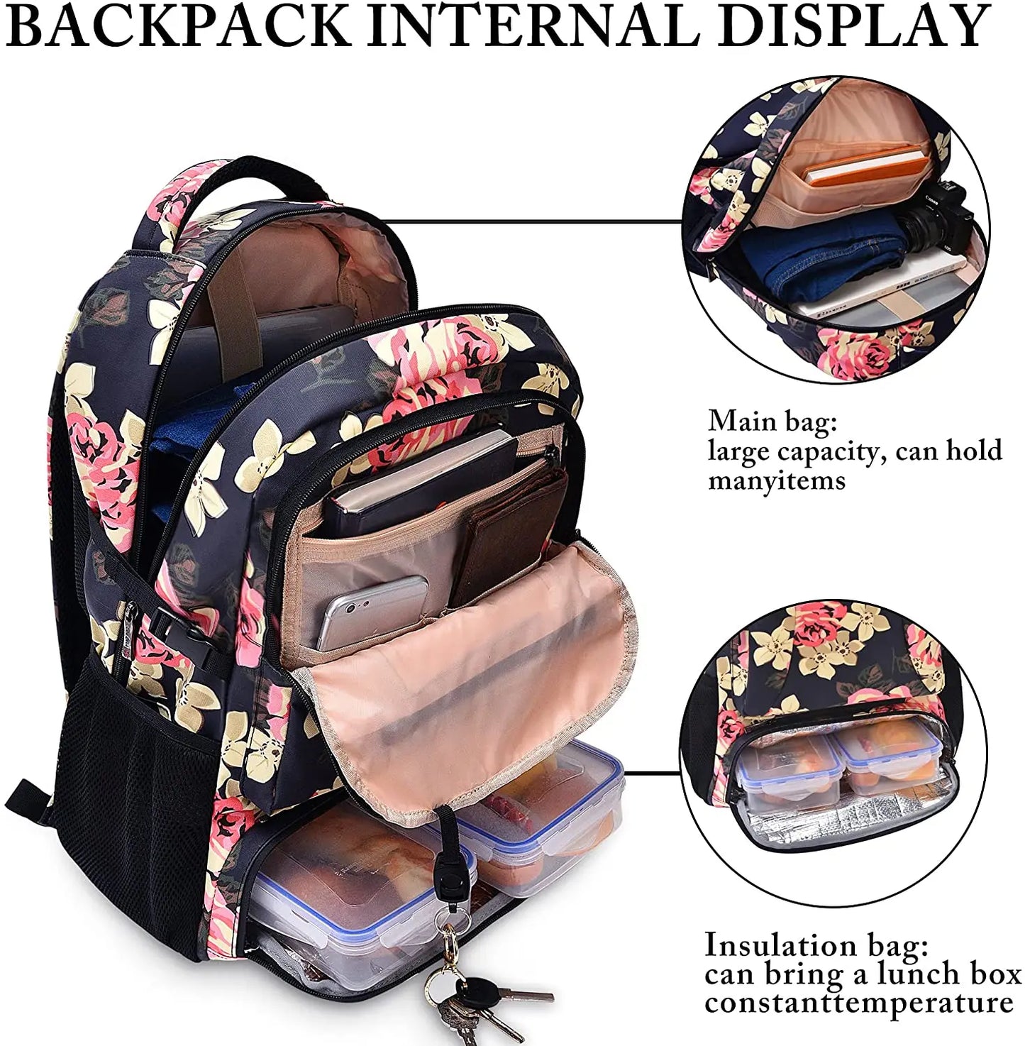 CoolBELL Lunch Backpack 15.6/17.3 Inches Laptop Backpack with Insulated Compartment / USB Port For Hiking Work Travel Men Women