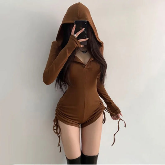 Wasteland Style Black Hooded Rompers for Women's Summer Thin Long Sleeve Drawstring Shorts Niche Slim Spicy Girl Jumpsuit Shorts