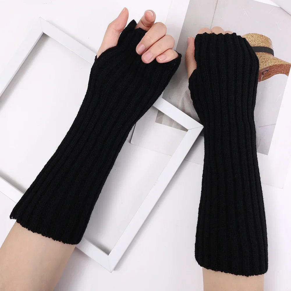 Women Knitted Arm Warmer Long Fingerless Gloves Mitten Winter Y2K Solid Arm Sleeve Fashion Casual Soft Girls Clothes Punk Gloves