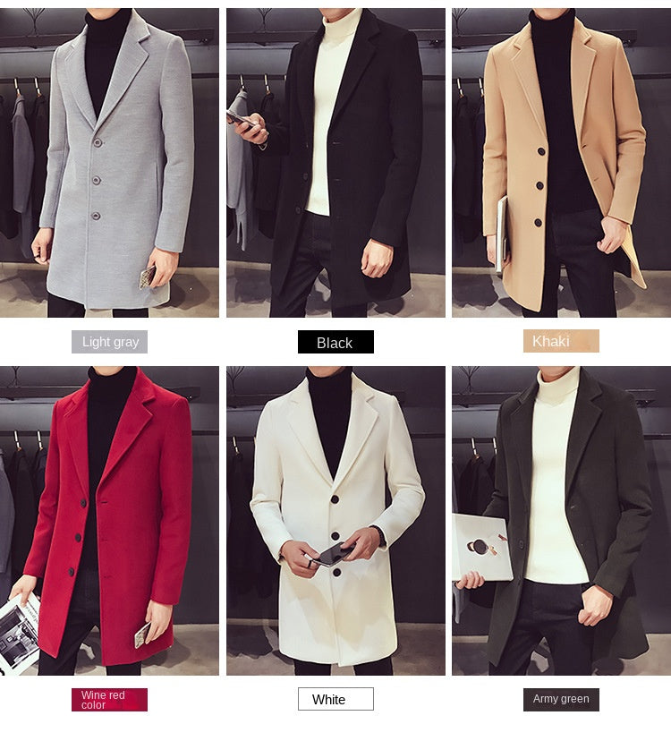 Men Long Cotton Coat 2024 Autumn Winter New Wool Blend Pure Color Casual Business Fashion Slim Windbreaker Jacket Men Clothing