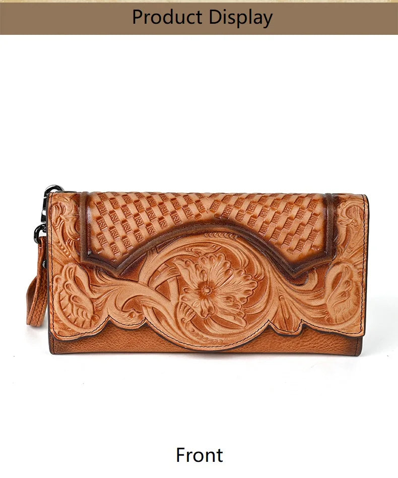 Floral Genuine Leather Wallet Women Handmade Real First Layer Cow Leather Clutch Bag Large Female Card Holder Purse