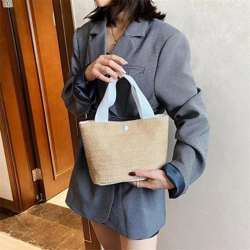 Fsahion Woven Ladies Straw Woven Handbag for Women's Holiday Beach Casual Tote Top-Handle Bags Handmade Retro Shoulder Bags 2024