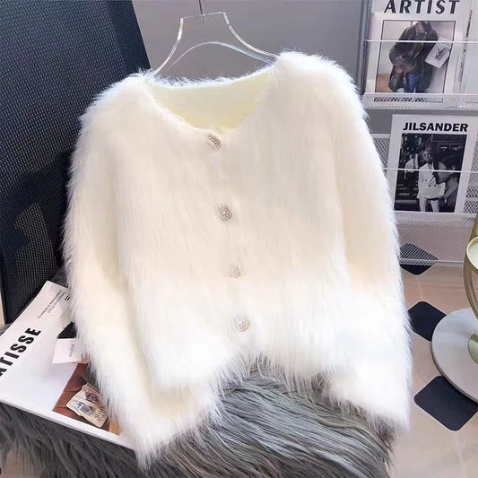 Autumn Warm Women Crop Cardigan Korean Knitted Elegant Female Casual Sweaters Fashion Imitation Mink Cashmere Soft Ladies Coat