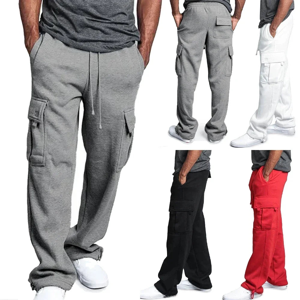 Men Cargo Jogger Pants Autumn Winter Fleece Sweatpants Loose Trousers Multi Pocket Overalls Hip Hop Streetwear Cargo Long Pants