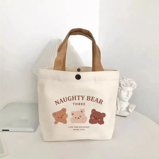 Small Versatile Handbag Cute Bear Mini Canvas Bag Female Student Lunch Box Bag Simple Tote Bag Office Worker Lunch Bag New