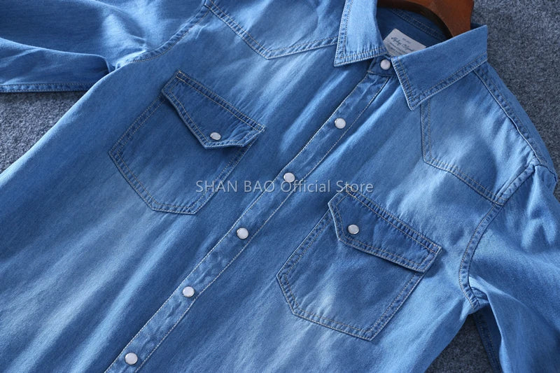 SHAN BAO classic brand double pocket button 100% cotton denim shirt 2022 spring high quality men's slim long-sleeved shirt