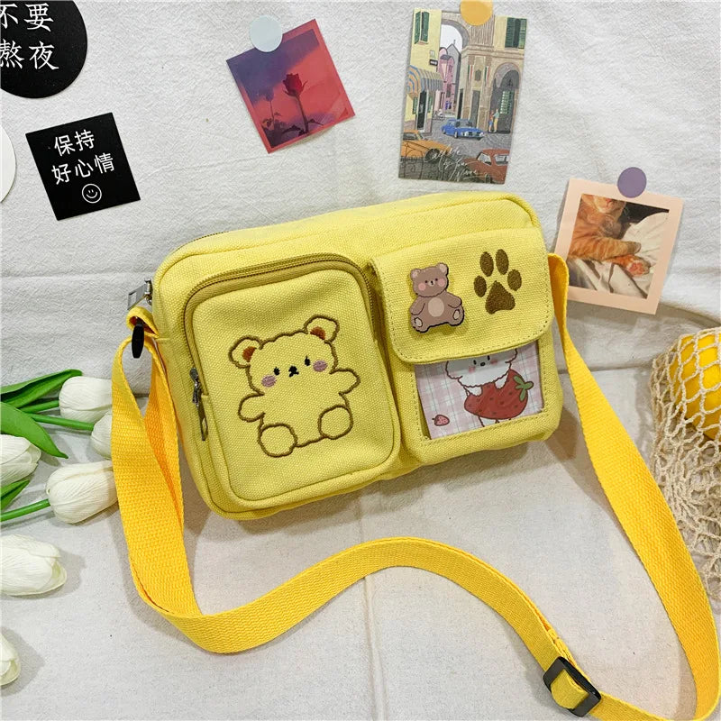 Canvas Small Bag Japanese ins Women Shoulder Bag Cute Funny Personality Embroidery Bear Girl Student Transparent Messenger Bag