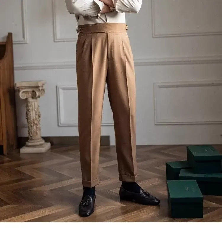 Spring Autumn White Men's Trousers Business Casual Cropped Pants Paris Button Trendy Italian Style