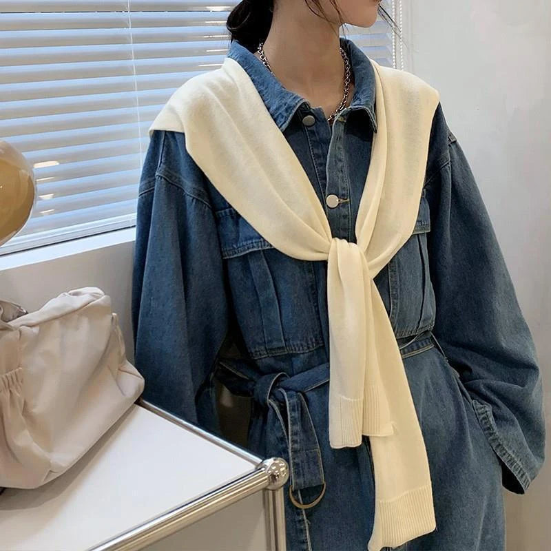 1pcs For Women Korean Knitted Shawl Summer Air Conditioning Fake Collar Neck Guard Knit Thin Knotted Cape Shoulder Scarf