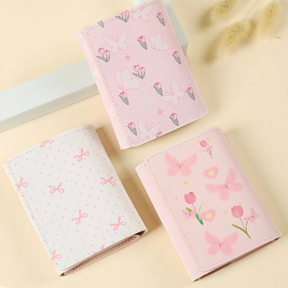 Cute Flower Bow Wallet Women Sweet Pink Three Fold Purse Card Holder for Girl Portable Travel Cash Coin Pouch Photo Card Bag