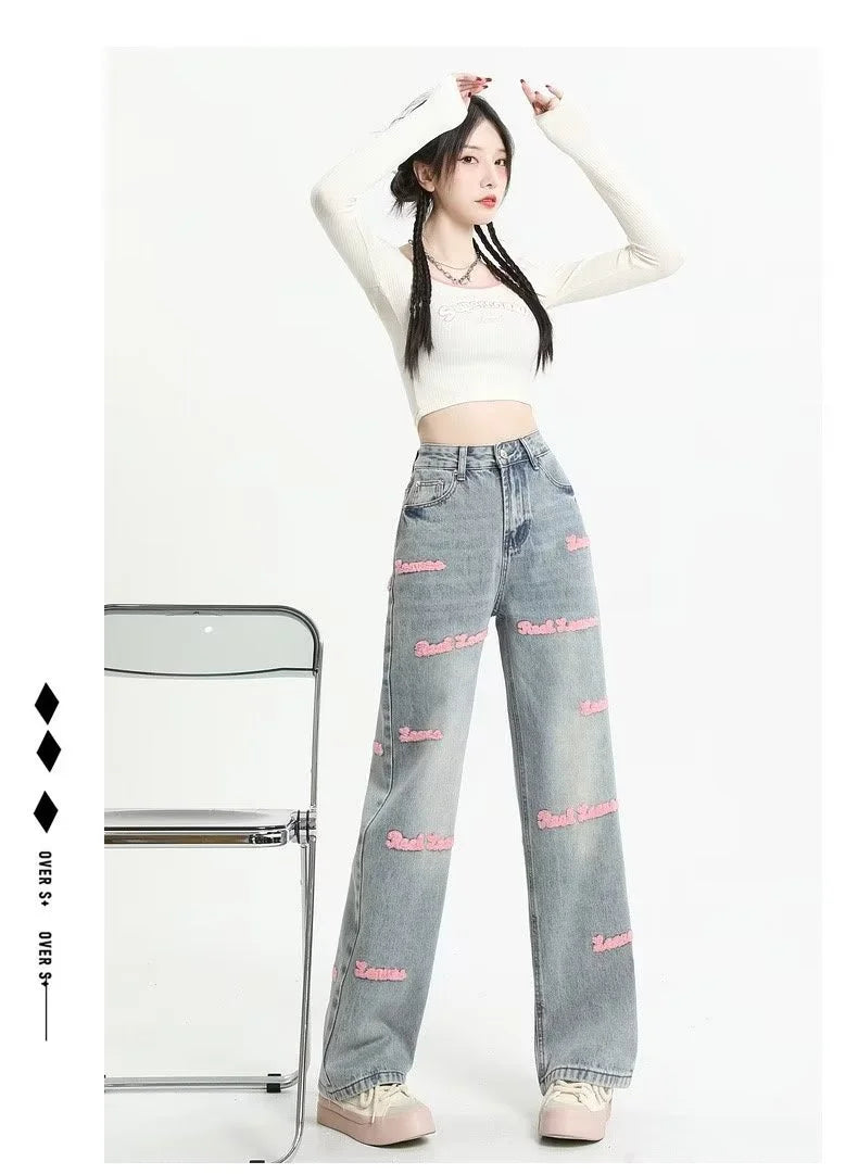 Loose Embroidered High-waist Women Jeans Spring Season Design Letter Straight Crotch Pants Slim Fit Dragging Long Pants