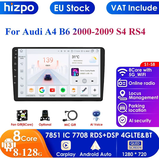 Autoradio Android 4G-LTE Lecteur multimédia pour Audi A4 2000-2009 S4 B6 B7 RS4 Seat Exeo RS4 Carplay GPS Navi Stéréo Radio Audio