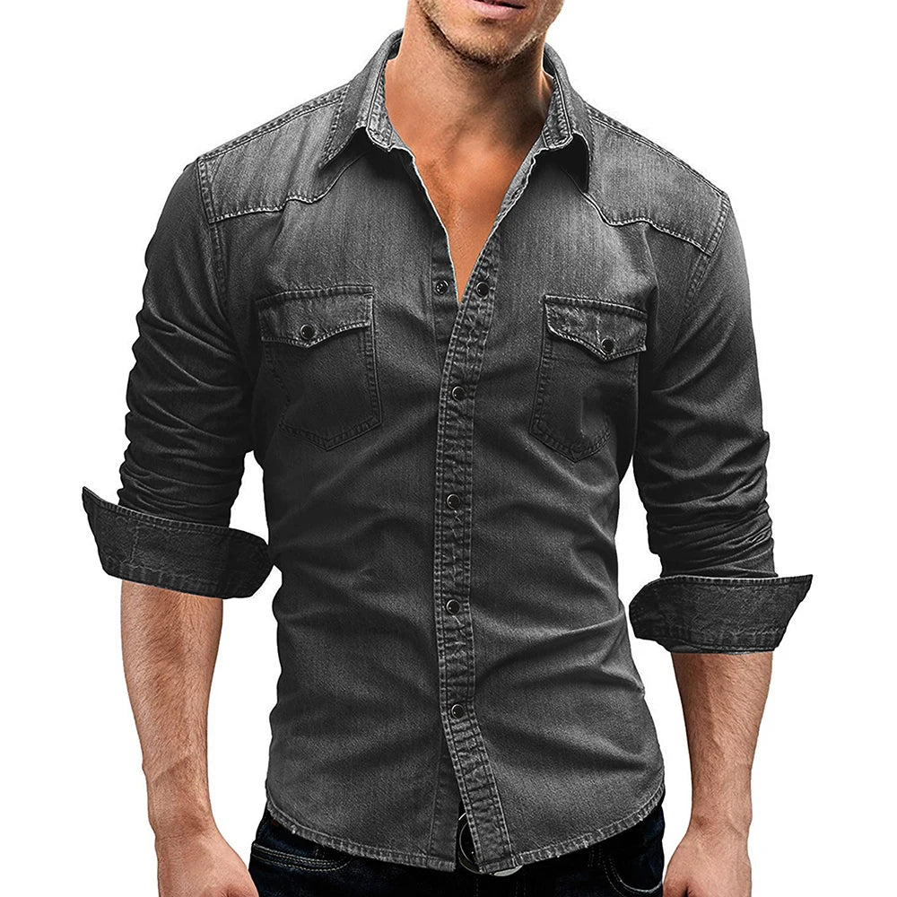 Men Autumn Denim Shirt Short Sleeve Soft Cotton Two Pockets Slim Slight Elastic Jeans Cowboy Shirt Men Shirts