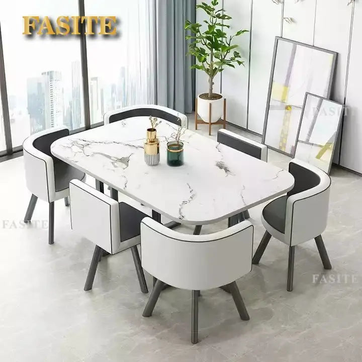 New 2024 Modern Marble Top White Classic Dining Table Living Room With 6 Chairs Set