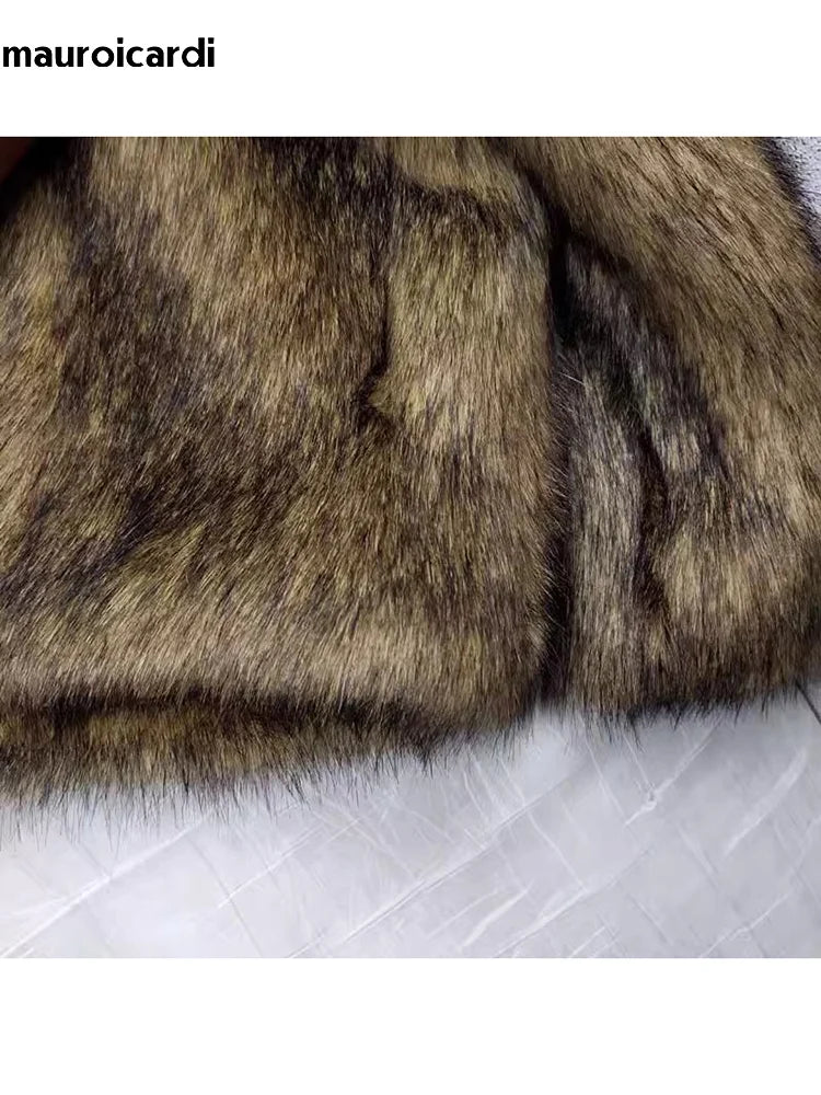 Mauroicardi Winter Short Thick Warm Hairy Shaggy Faux Raccoon Fur Coat Men Long Sleeve High Quality Luxury Fluffy Jacket 2023