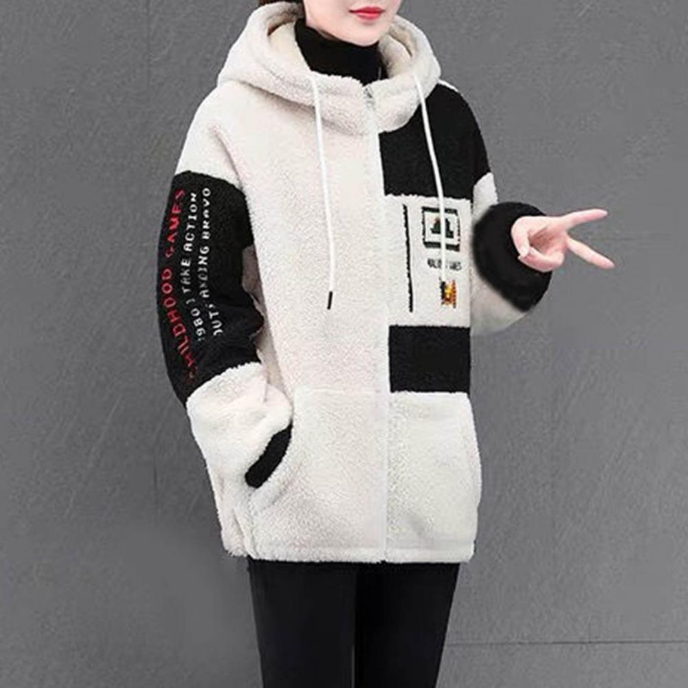 Zipper Closure Lady Coat Women Lightweight Jacket Cozy Hooded Colorblock Jacket Plush Embroidered Stylish Winter Coat for Women