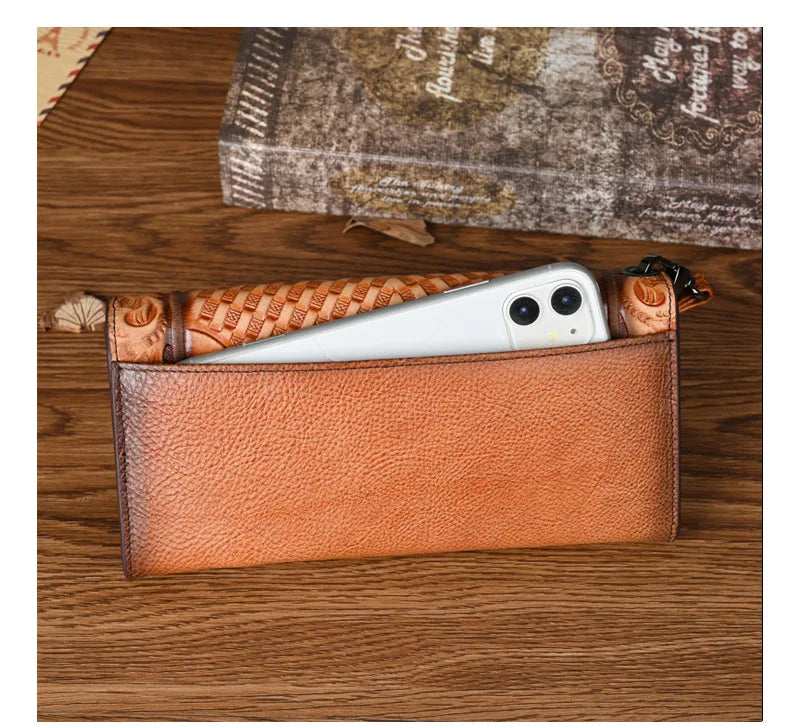 Floral Genuine Leather Wallet Women Handmade Real First Layer Cow Leather Clutch Bag Large Female Card Holder Purse