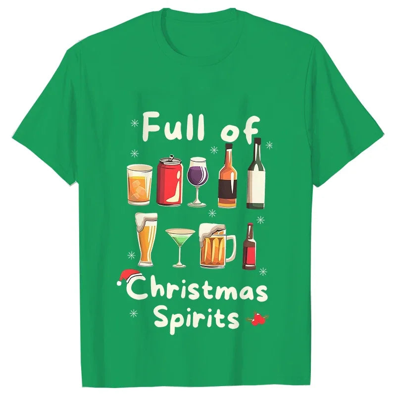 Funny Christmas Party T-Shirt Full of Christmas Spirits Tees Merry Xmas Drinking Gift for Men Clothing Casual Short Sleeve Tops