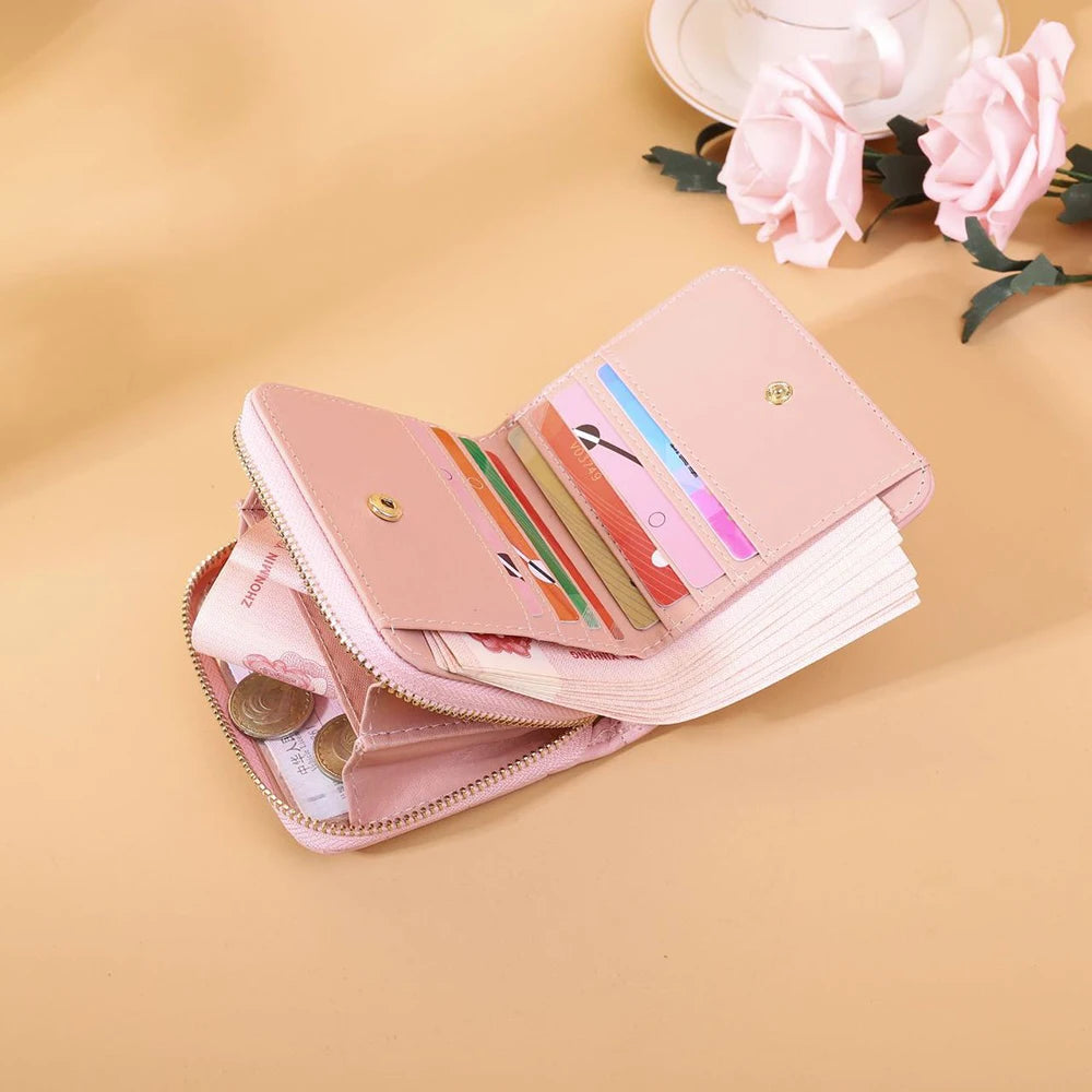 Leisure Flodable Short Wallets Coin Card Holder Women‘s PU Leather Plaid Zipper Coin Money Purses ID Credit Card Holder Wallet