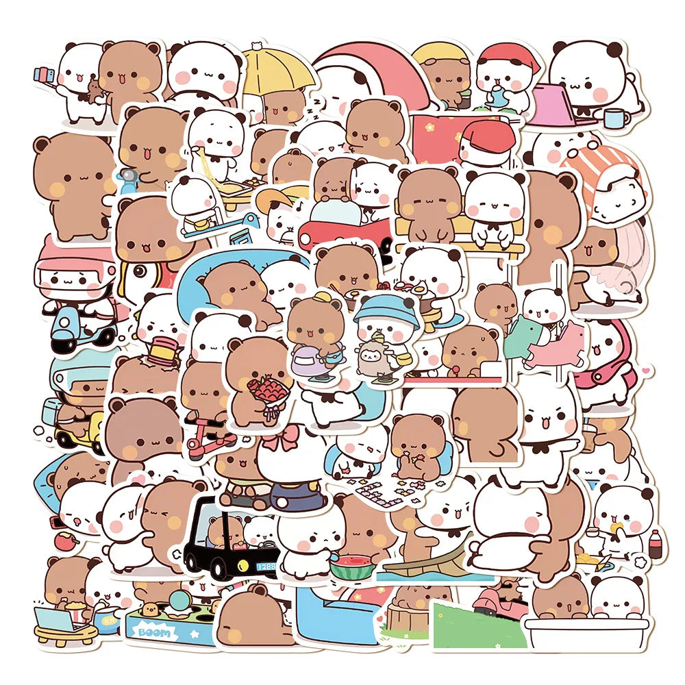 50sheets/set Bear Cute Bear and Panda Stickers Waterproof Panda Cartoon Bear and Panda Stickers Cartoon PVC Bubu Dudu Stickers