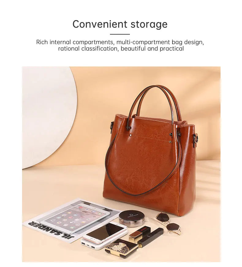 100% Genuine Leather Women Tote Bag Large Capacity High Quality Cowhide Women's Shoulder Bags Wrinkled Opening Fashion Handbag