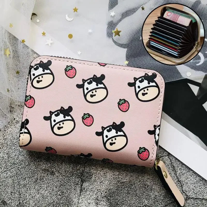 Women New Fashion Wallet Pu Leather Cartoon Cow Cattle Short Ladies Multi-card Slot Coin Purses Student Cute Triple Fold Wallet