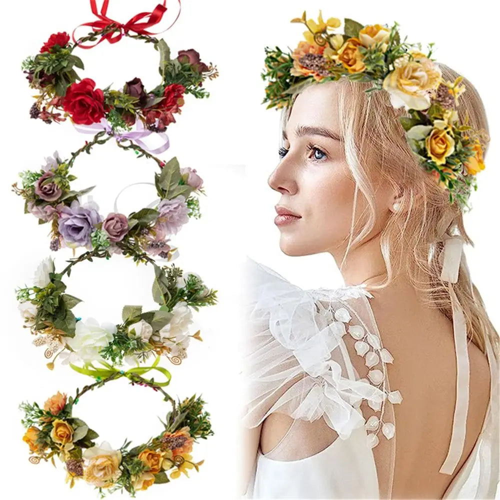 Flower Crown for Women Girls Flower Headband Green Leaf Headpiece Bohemian Festival Wedding Hair Wreath Photo Props Headwear